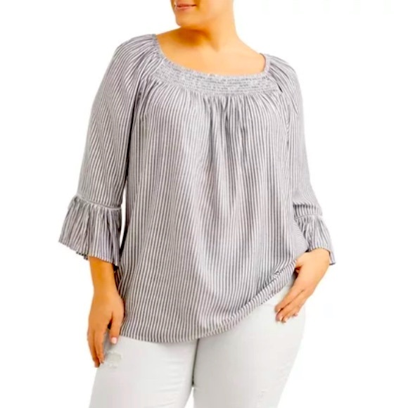 ☀️ Terra & Sky Blue and White Striped Bell Sleeve Top 2x - Picture 1 of 6